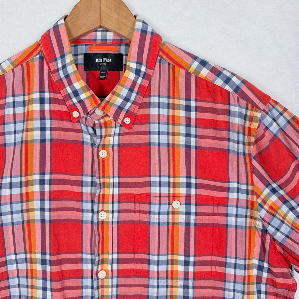 Jack Spade New York Mens XL Red Plaid Short Sleeve Button Down Cotton Shirt